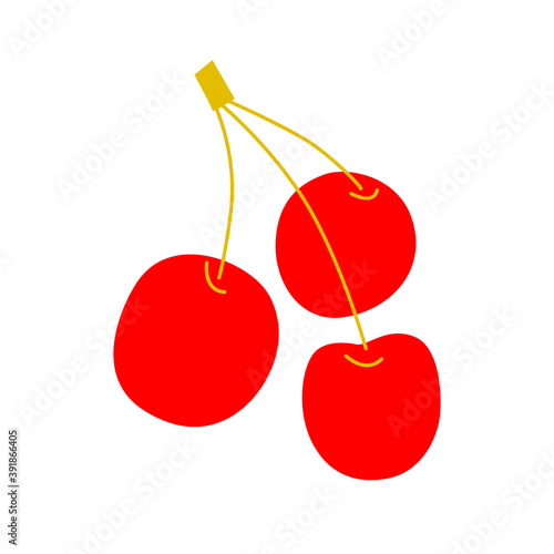 Cherries flat abstract vector illustration. Fruits icons freehand. Cartoon fruits cherries vector clip art. Summer print food. Red yellow art fruits for your design.