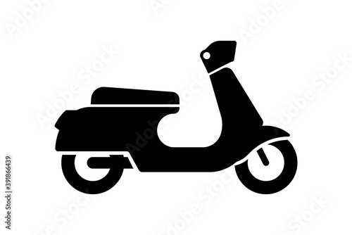 Retro vintage scooter black icon isolated on white bacground. Traditional recreational motorcycle transport road sign. Moped delivery symbol vector eps illustration