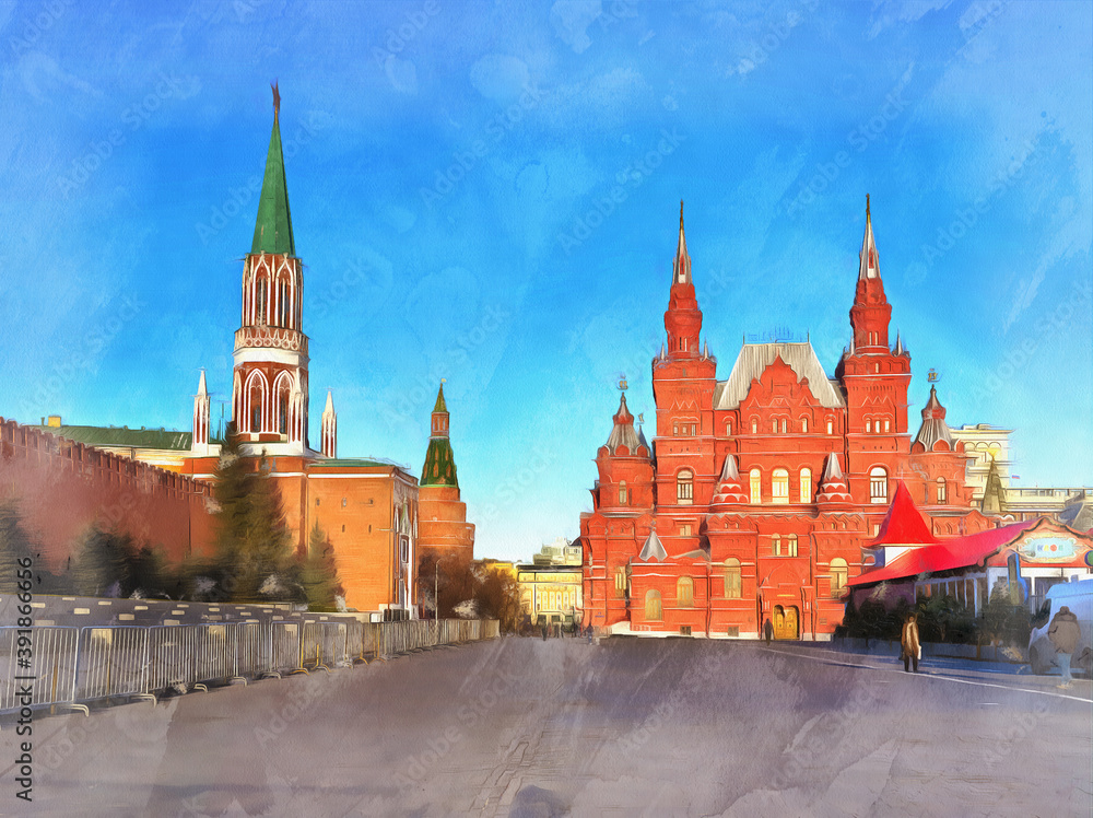 Nikolskaya tower of Moscow Kremlin and State History Museum, Red square, Moscow