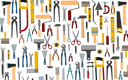 Construction tools. For the work of a painter, carpenter, builder, handyman. Background picture. Hammer, pliers, saw, scissors, brushes, spatulas, rollers. Vector.