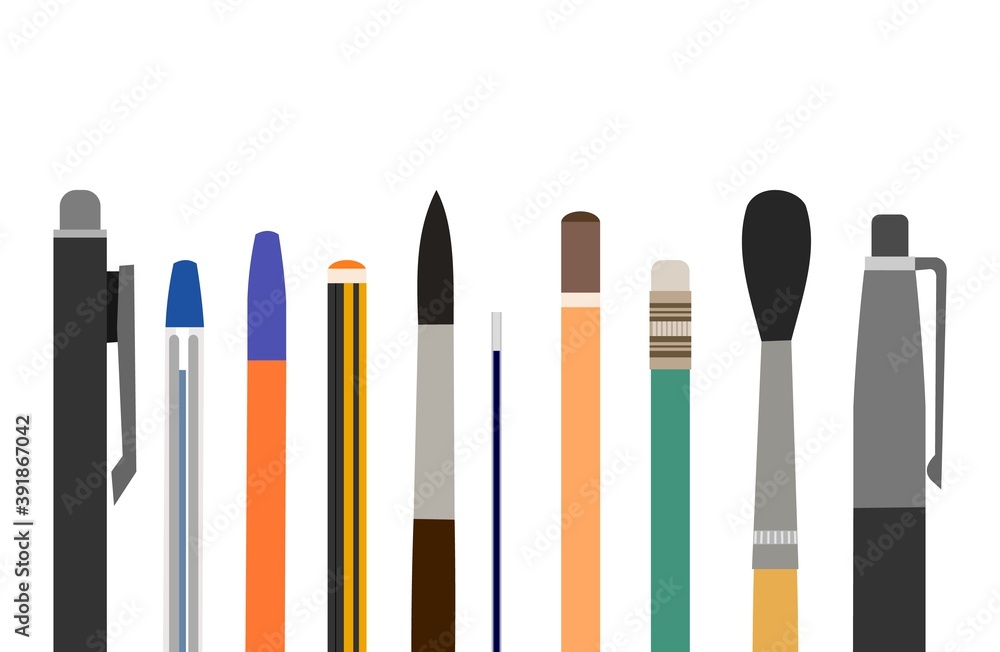 Stationery. Brushes, pens, pencils. Objects isolated on white background. Office and school supplies. Flat style. Tools for creativity. Vector Stationery. Brushes, pens, pencils. Objects isolated on white background. Office and school supplies. Flat style. Tools for creativity. Vector