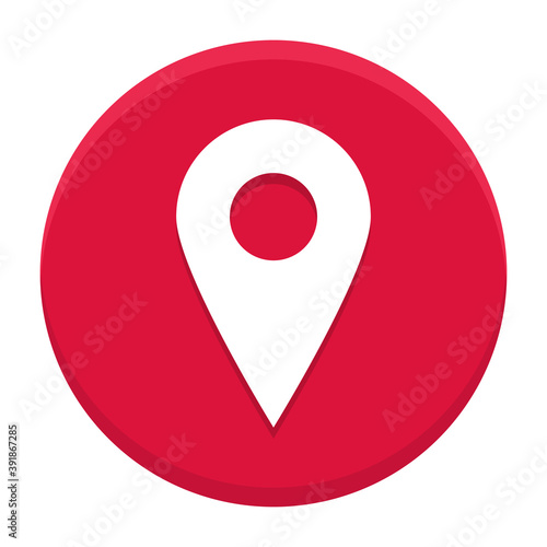 Location pin icon in red circle. Navigation button. Vector illustration isolated on white background.