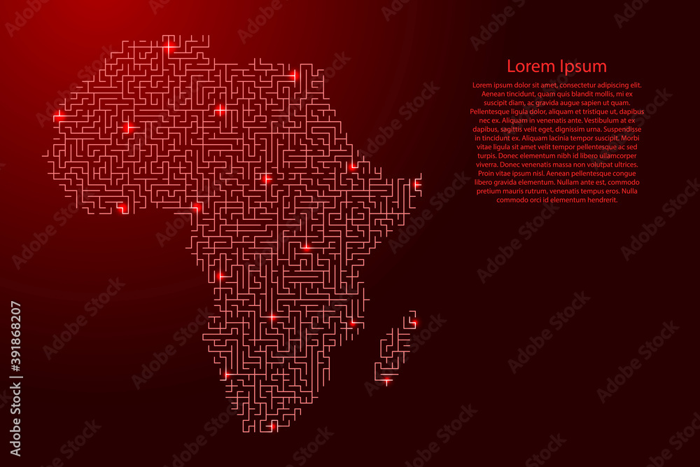 Africa mainland map from red pattern of the maze grid and glowing space stars grid. Vector illustration. Africa mainland map from red pattern of the maze grid and glowing space stars grid. Vector illustration.