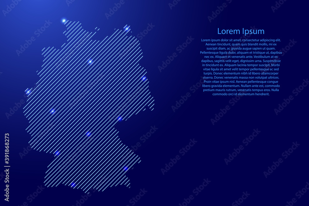 Germany map from blue pattern slanted parallel lines and glowing space stars grid. Vector illustration.