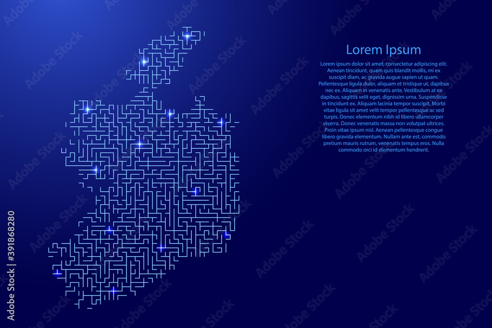 Ireland map from blue pattern of the maze grid and glowing space stars grid. Vector illustration.