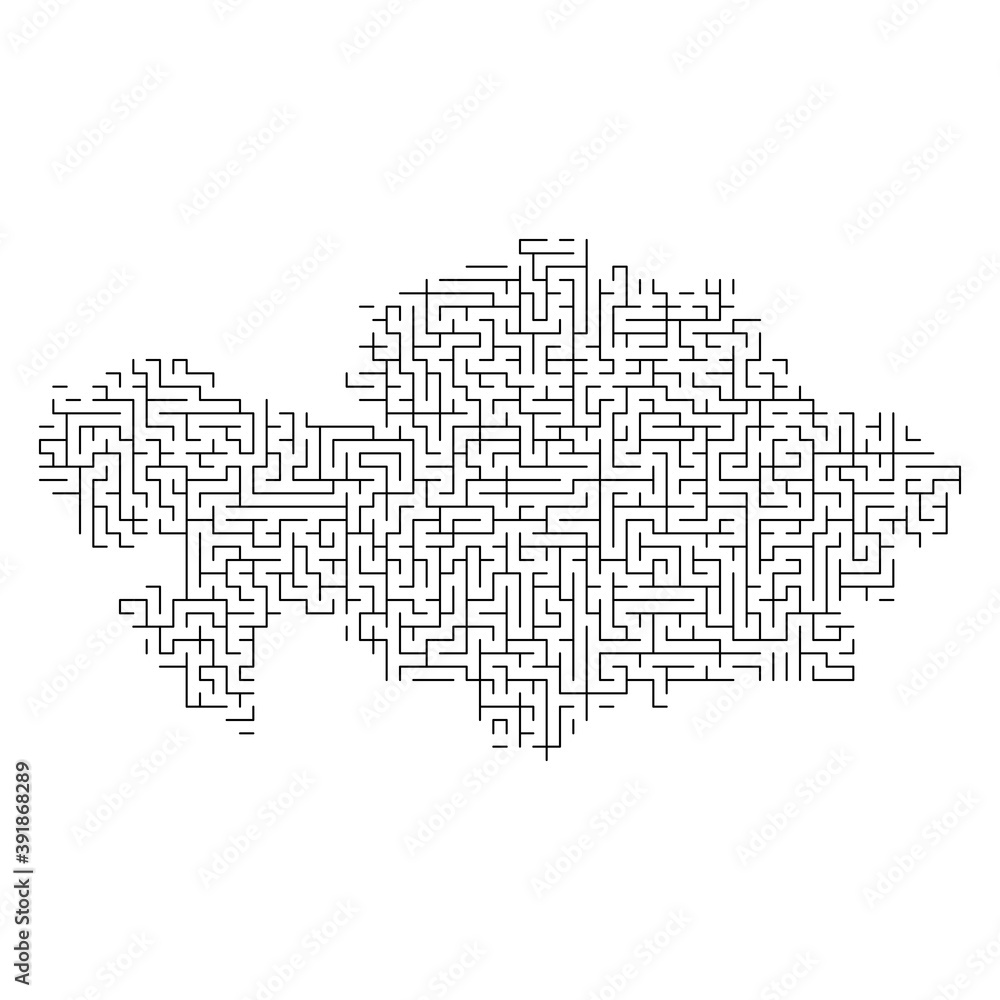 Kazakhstan map from black pattern of the maze grid. Vector illustration.