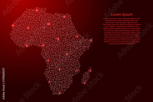 Africa mainland map from red pattern of the maze grid and glowing space stars grid. Vector illustration.