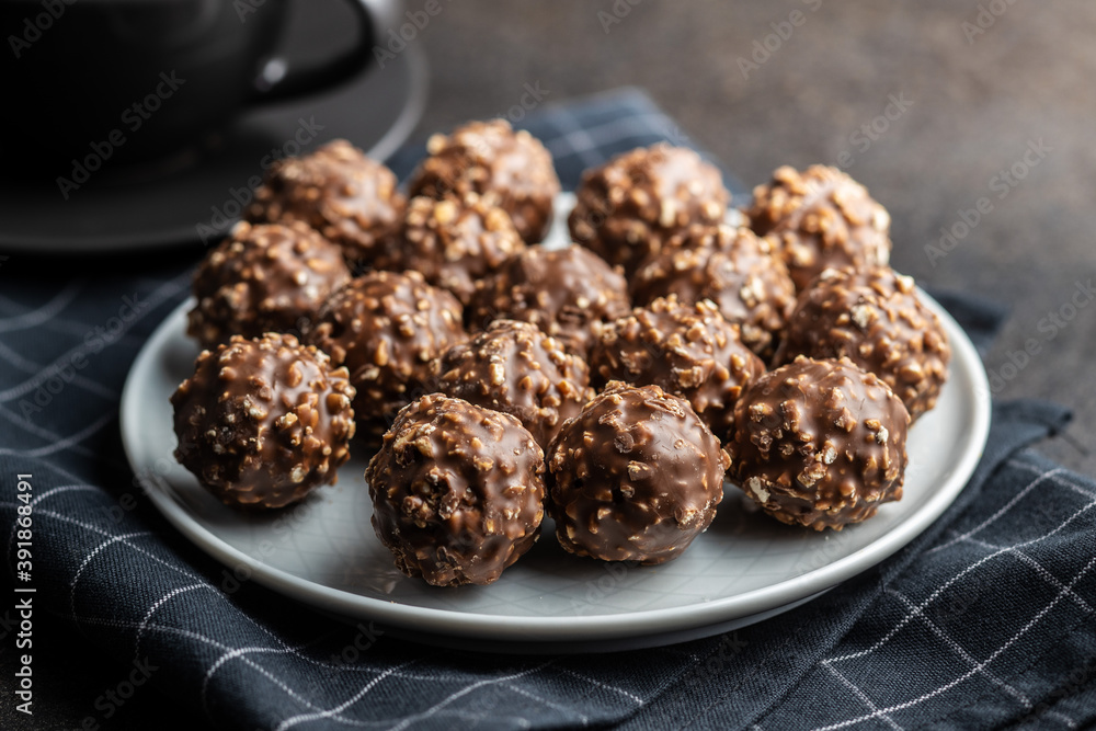 Sweet chocolate truffles. Tasty belgian pralines balls. Sweet chocolate truffles. Tasty belgian pralines balls.