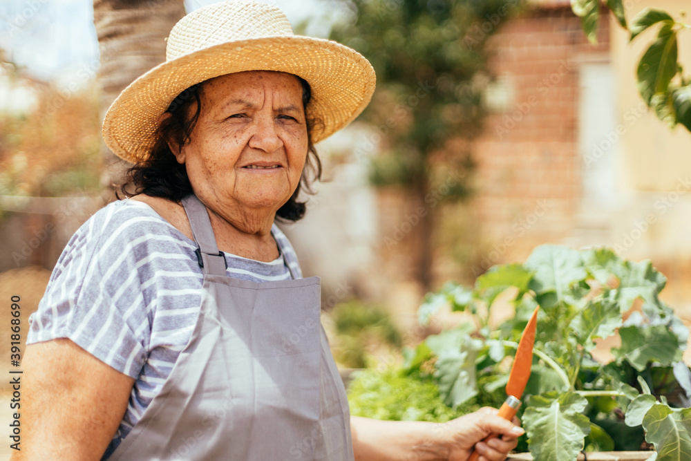 Elderly woman looking after her garden.