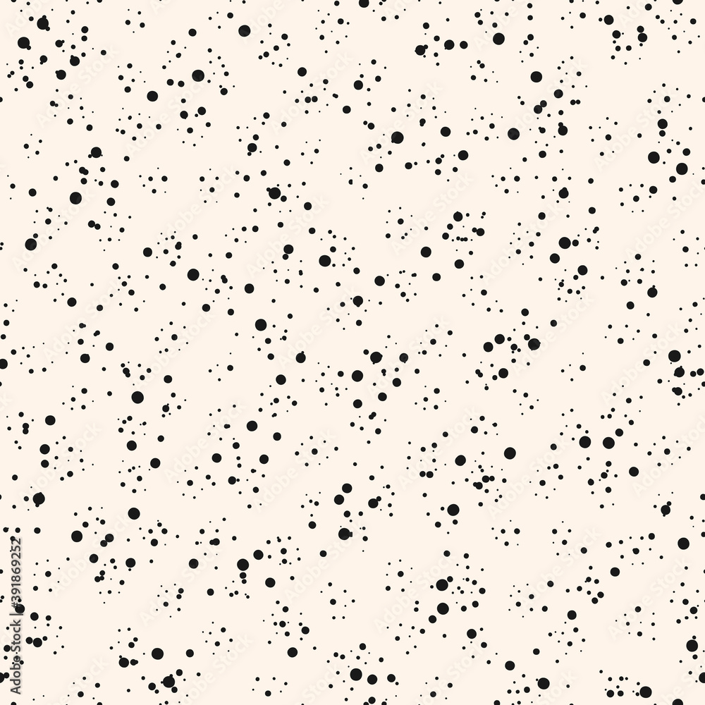 Obraz premium Abstract random dots seamless pattern. Vector minimal monochrome background. Simple minimalist black and white texture with small chaotic dot, spots, circles, splatter. Dirty grunge repeated pattern