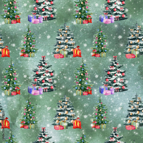Christmas tree and gift box seamless pattern. Winter wrapping paper. Watercolor hand drawn green background