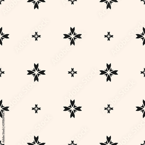 Simple floral pattern. Vector minimalist seamless texture with small flower shapes. Abstract minimal geometric monochrome background. Black and white repeat design for print, textile, decor, wallpaper