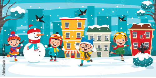 Funny Kids Playing At Winter