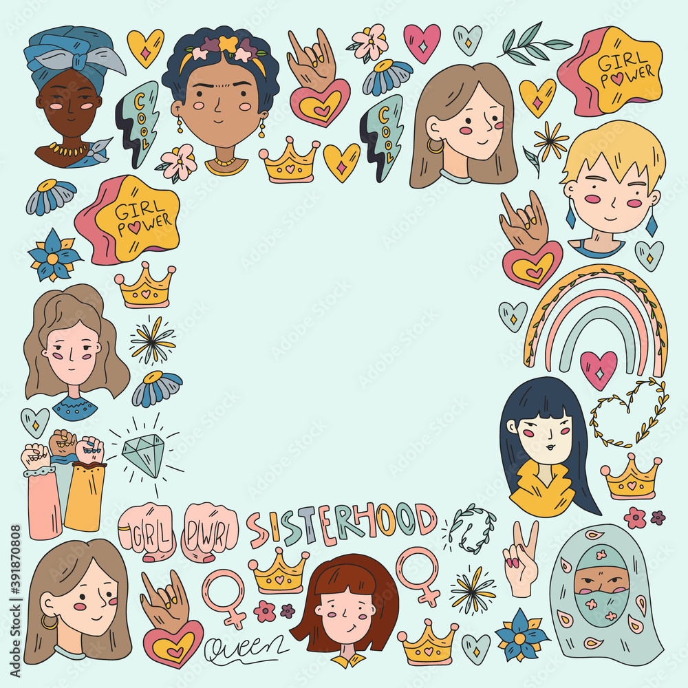 Feminism vector pattern. Fight for women rights. Hand lettering quotes. Feminism vector pattern. Fight for women rights. Hand lettering quotes.