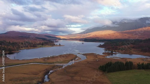 aerial drone shot over Loch Tulla in glen orchy near bridge of orchy in the argyll region of the highlands of scotland during autumn photo