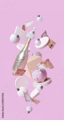 Christmas financial concept with flying decorations, geometric figures, Piggy bank with banknotes and champagne bottle with white christmas cap. New year card with levitation in pastel colours