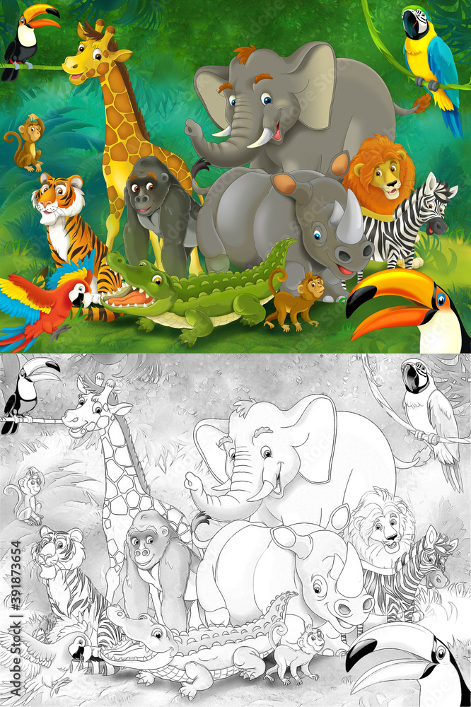 Cartoon zoo scene with sketch in the jungle stage with animals illustration Cartoon zoo scene with sketch in the jungle stage with animals illustration