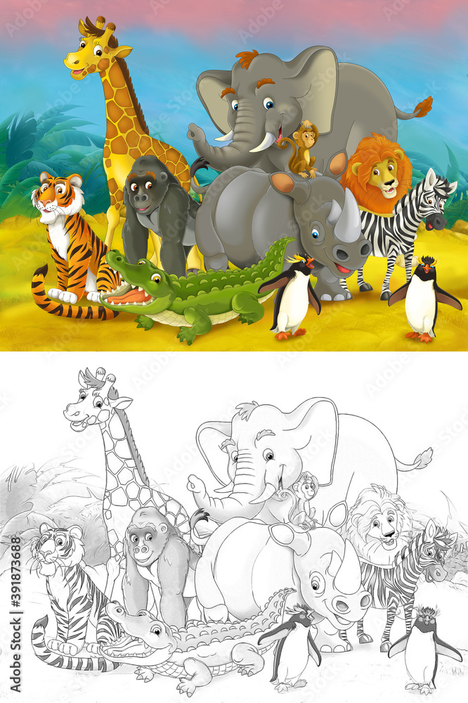Naklejka premium Cartoon zoo scene with sketch in the jungle stage with animals illustration