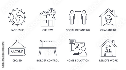 Vector national lockdown icons. Editable stroke. Pandemic coronavirus curfew quarantine self-isolation. Mask social distancing stay at home. Store closures border control home education remote work photo