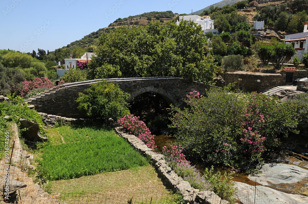 Old Bridge Aladinou. Andros island Cyclades Greece. 