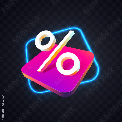 Percentage sign with neon glowing effect isolated vector icon. Percent symbol colorful 3d sticker on transparent background