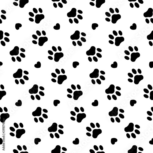 Footprints seamless pattern. Pet prints. Paw cute background for pets dog, cat. Foot puppy. Black shape pawprints. Footprint. Animal track. Trace dogs, cats. Pawprint. Design walk for print. Vector