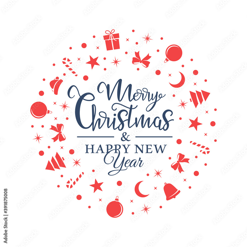 Christmas red symbols are randomly arranged on a white background in the form of a circle. Inside the circle text. Christmas card in flat style. Vector illustration