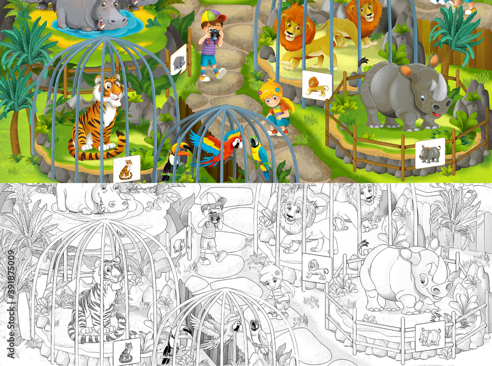 Cartoon zoo scene with sketch amusement park illustration