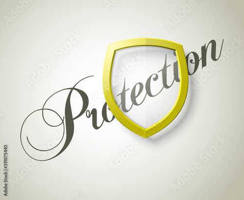 Protection font lettering & transparent shield concept. Safety badge icon. Privacy banner shield. Security label. Defense shield tag. Presentation sticker shape. illustration background