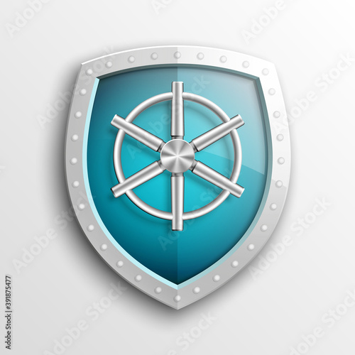 Protection guard shield concept with safety handwheel. Safety badge helm icon. Privacy Safe door handle banner. Security bright label. Presentation shining sticker shield shape. Defense safeguard sign