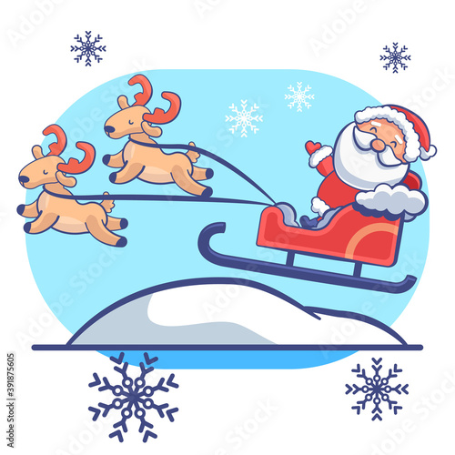 Santa Claus with deers on white isolated backdrop. Christmas postcard for invitation or gift card, notebook, bath tile, scrapbook. Phone case or cloth print. Flat style stock vector illustration