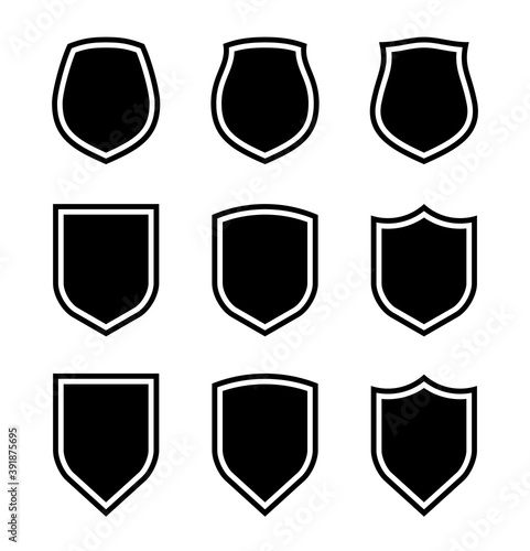 Protect guard shield plain line concept. Outline shield badge. Safety icon set. Privacy banner kit. Security label. Flat style protect sticker symbol shape. Safeguard simple sign linear pictogram