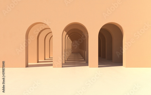 3d rendering. Arch hallway simple geometric background, architectural corridor, portal, arch columns inside empty wall. Modern minimal concept