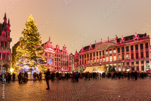 View of Grand Place decorated and illuminated for Christmas in Brussels city centre on a December nigth
