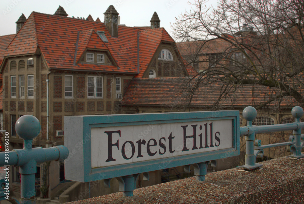 Fototapeta premium Forest Hills Queens New York Sign Old Tudor Style Building Background