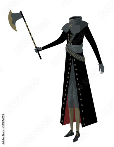 Headless Horseman standing with an axe