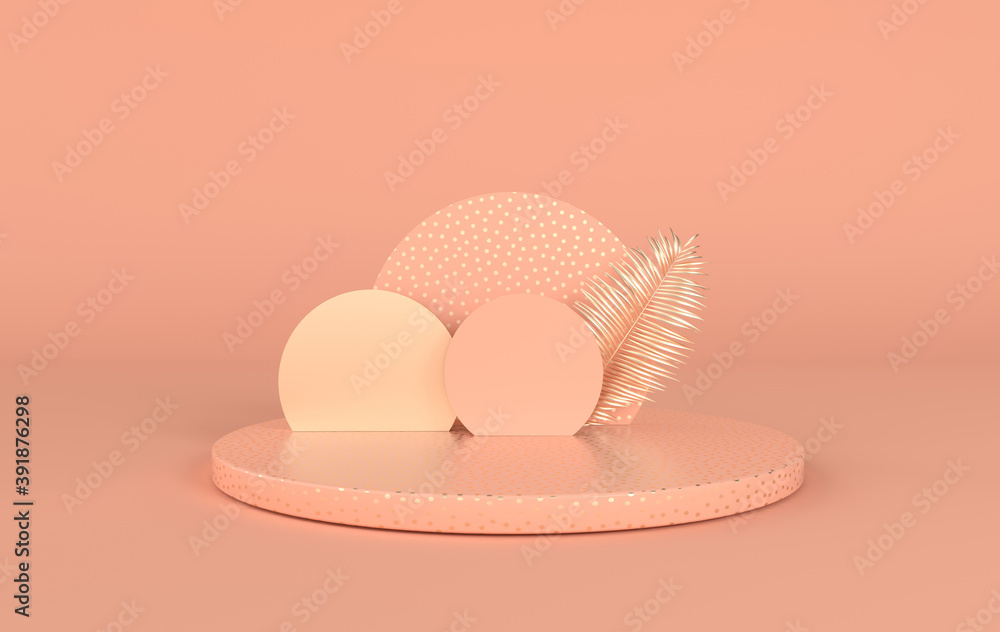 3d rendered studio with geometric shapes, podium on the floor. Platforms for product presentation, mock up background. Abstract composition in minimal design, tropic palm leaves 3d rendered studio with geometric shapes, podium on the floor. Platforms for product presentation, mock up background. Abstract composition in minimal design, tropic palm leaves