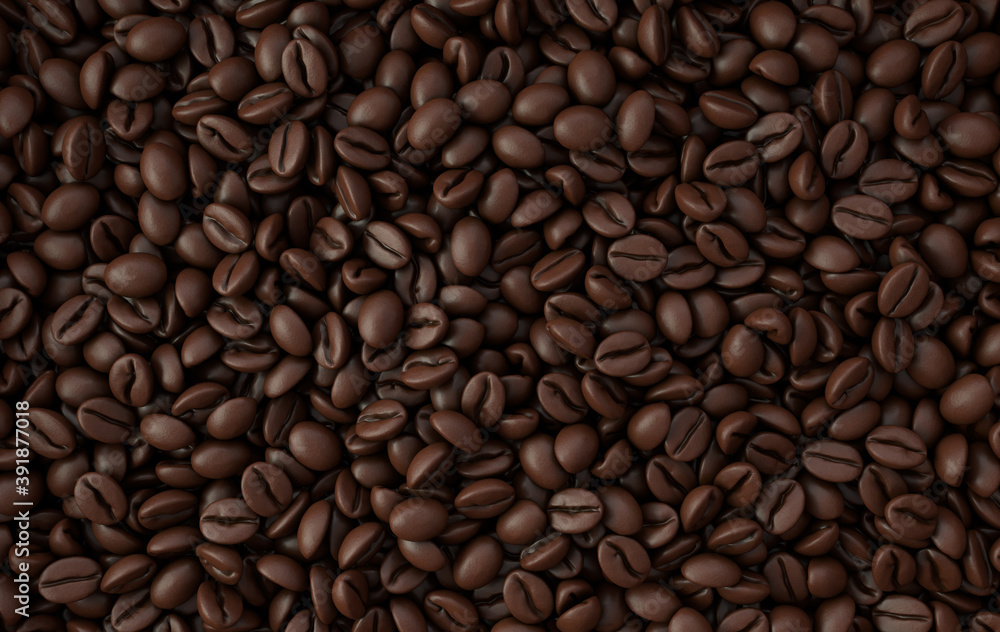 Dark freshly roasted coffee beans 3d rendering background. Top view. Masses of coffee beans close up. Dark freshly roasted coffee beans 3d rendering background. Top view. Masses of coffee beans close up.
