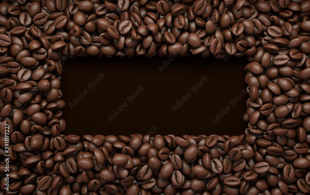 Fresh roasted coffee beans frame 3d rendering background. Masses of coffee beans close up. Top view Fresh roasted coffee beans frame 3d rendering background. Masses of coffee beans close up. Top view