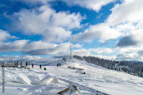 Skiing on mountain Zakhar Berkut, Carpathian mountains, Ukraine.