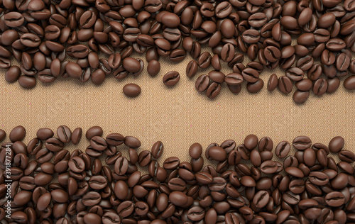 Fresh roasted coffee beans frame 3d rendering background. Masses of coffee beans close up. Top view