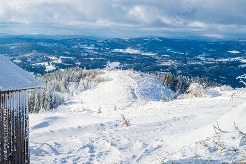 Panoramic view from mountain Zakhar Berkut, Carpathian mountains, Ukraine. Horizontal outdoors shot photo