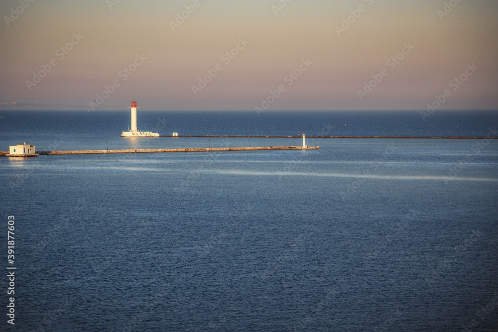 A view at the new Vorontsov lighthouse in the Black Sea port of Odessa, Ukraine.