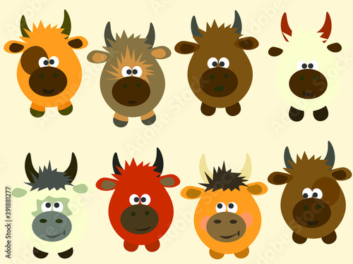 Set of animals. Multi-colored individual cows and bulls. Year of the bull. Vector for illustration.