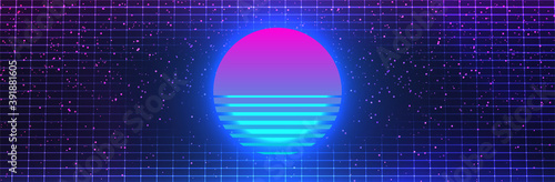 Synthwave sun. 80s retro futuristic planet. Pink and blue cyan color. Grid and dark sky with stars. Vector background  © Horsepowermini