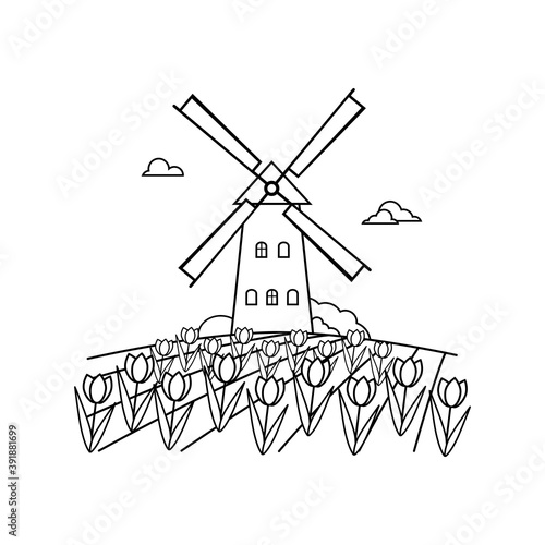 Holland rustic landscape with old windmill and tulip fields. Coloring outline with mill tower on isolated white background. Vector illustration in flat style for icon, logo or kids books