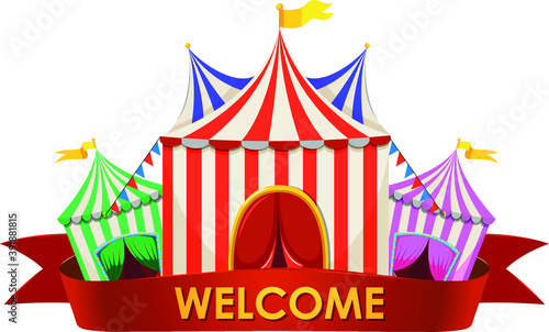 vector illustration of cartoon carnival circus icon with tent and flags isolated on white background.Print, design element.