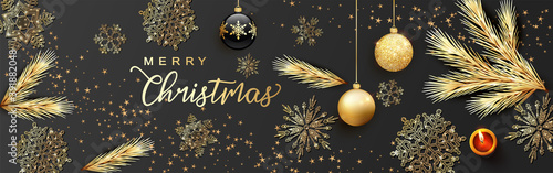 card or banner on Merry Christmas in gold on a gray background with black and gold Christmas balls snowflakes fir branches and gold stars and a red candle