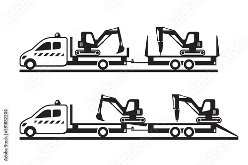 Tipper truck moves mini construction machinery - vector illustration