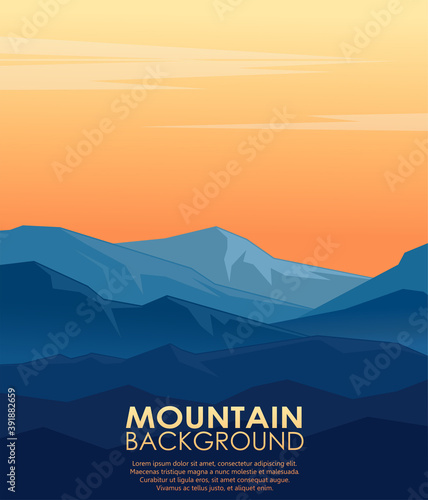 Landscape with blue mountains on orange evening sky. Huge mountain range in twilight. Mountaineering handdrawn flyer. Vector illustration.